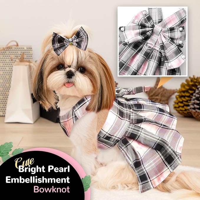 PETCARE Cute Dog Dress Clothes for Small Dogs Cats Girl Female Pink Plaid Bow Tie Dog Harness Dresses Leash Set with Pearls Bow Accessories Birthday Puppy Dress Shih Tzu Yorkies Chihuahua Outfits