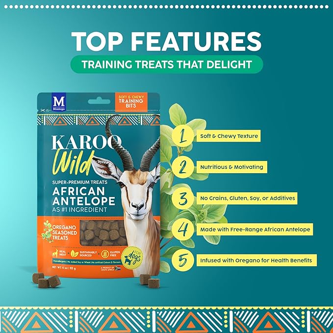 Karoo Wild Training Bits Oregano Seasoned Treats for Dogs – 4 oz – Soft & Chewy Protein Bits Made with African Antelope – Great for On-The-Go Rewards & Positive Reinforcement