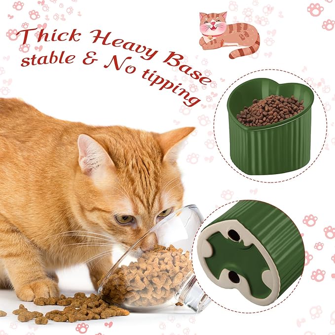 Mumufy 2 Pcs Ceramic Elevated Cat Bowls Tilted Elevated Raised Pet Bowls Anti Vomit Cat Dish for Indoor Stress Free Water Dish Feeder for Puppies, Heart Shaped (Red, Green)