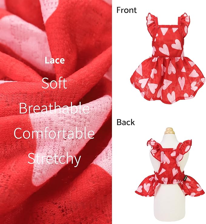 Fitwarm Valentines Day Sweet Heart Dog Dress, Dog Holiday Outfit, Dog Clothes for Small Dogs Girl, Pet Cat Apparel, Red, Pink, Small