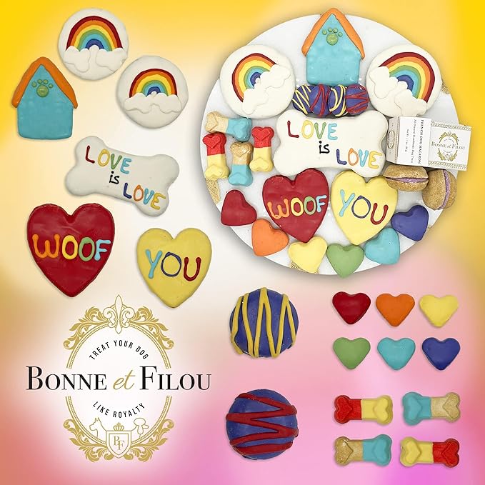 Bonne et Filou Dog Treats Gift Box Pride Themed Human Grade Gourmet 22 Luxury Treats with Dog Macarons, Truffles & Bone Cookies Healthy Snacksfor Small to Large Breeds (22 Count)