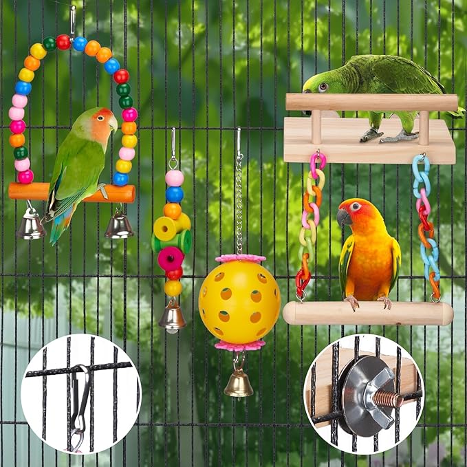 FrgKbTm 11Pcs Bird Platform Stands Swing Hanging Chewing Toy Parrot Climbing Ladder Colorful Bird Cage Toys for Parakeet, Conure, Cockatiel, Love Birds, Finches