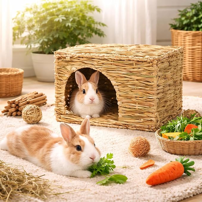 HERCOCCI Extra Large Grass House for Rabbit, Foldable & Comfortable - Small Animal Hut Play Hideaway Bed Hay Mat Chew Toy for Bunny Guinea Pig Hamster Chinchilla (2 Pack)