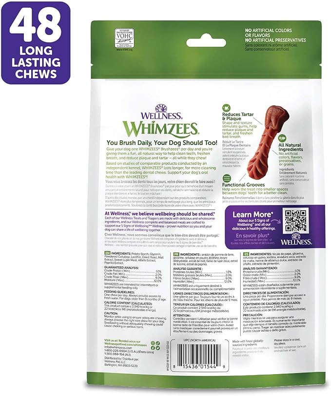 Whimzees Wellness Brushzees Dog Dental Treats, Extra Small Size Stick, (48 Count)