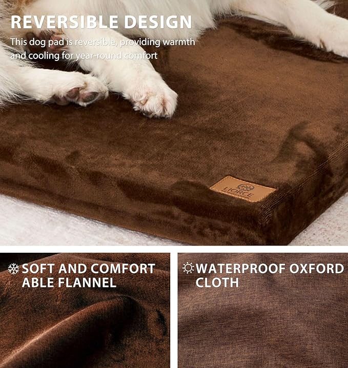 LIORCE Dog Crate Pad - Dog Bed Large Sized Dogs with Removable Washable Cover and Waterproof Lining - Memory Foam Pet Bed for Crate - Reversible Kennel Mat (Cool & Warm), 36-inch, Brown
