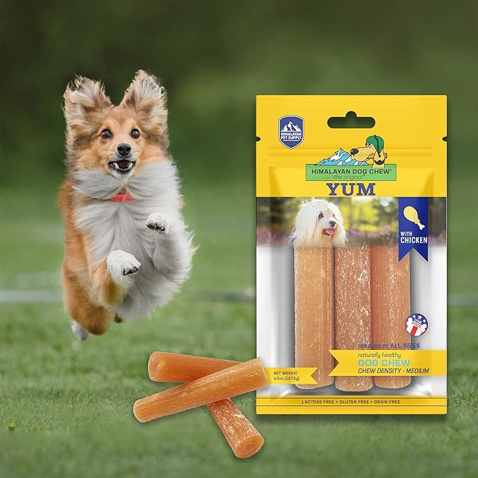 Himalayan Dog Chew Yak Cheese Dog Chews,Lactose Free & Grain Free,USA Made,for All-Dog Breeds,Medium Density Cheese Chew,Resealable Pouch with 3 YUM Treats,Chicken Flavor,(Pack of 2)