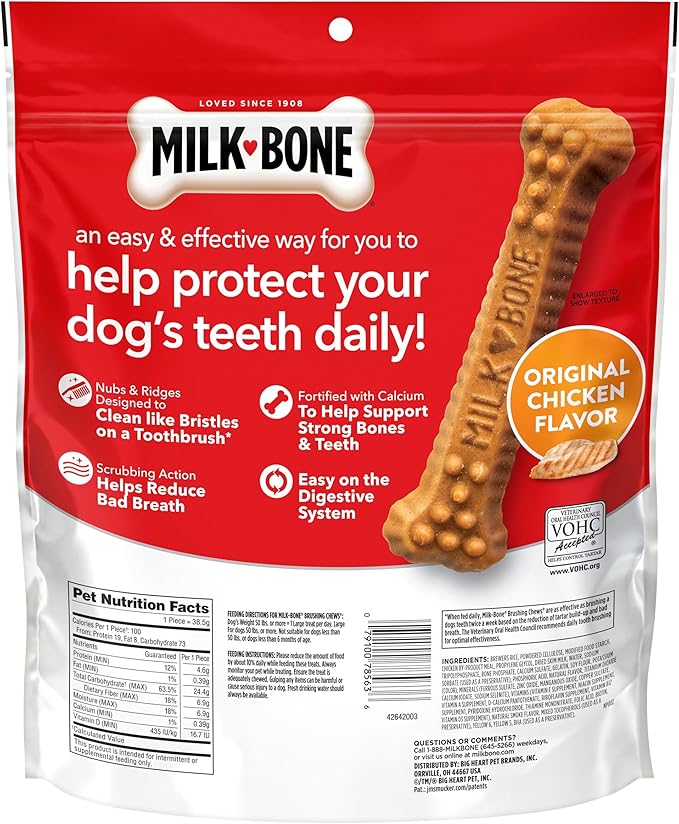 Milk-Bone Brushing Chews Original Chicken Flavor Daily Dental Dog Treats, Large, 33.7 Oz. Bag (Pack of 4)