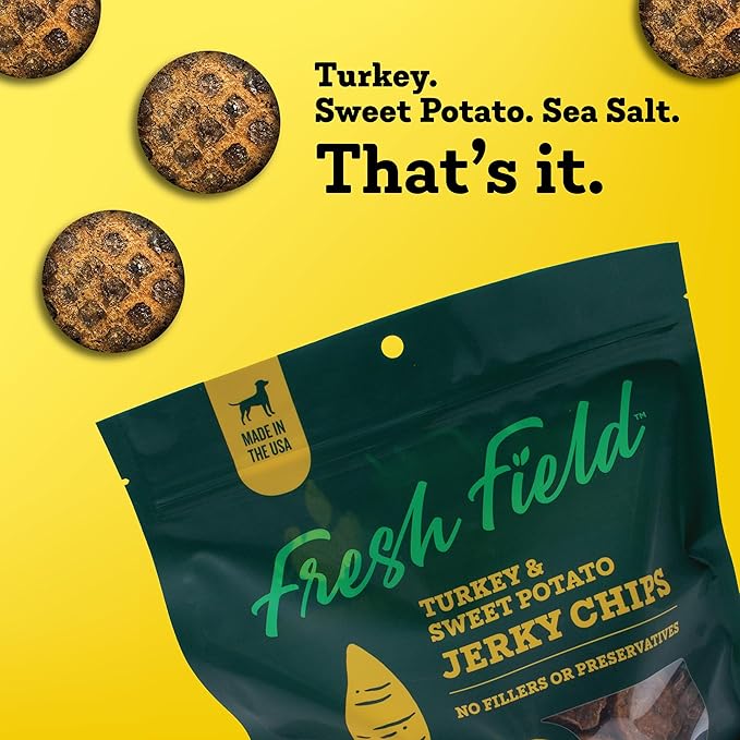 Fresh Field Turkey & Sweet Potato Jerky Chips, 5 oz – All-Natural Dog Treats, USA Made, Ideal for Allergies & Weight