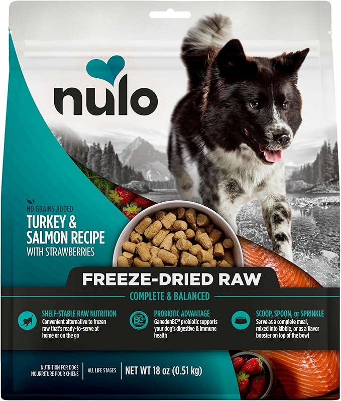 Nulo Freeze-Dried Raw Turkey & Salmon Recipe with Apples Complete and Balanced Dry Dog Food Kibble, 18 Ounce Bag