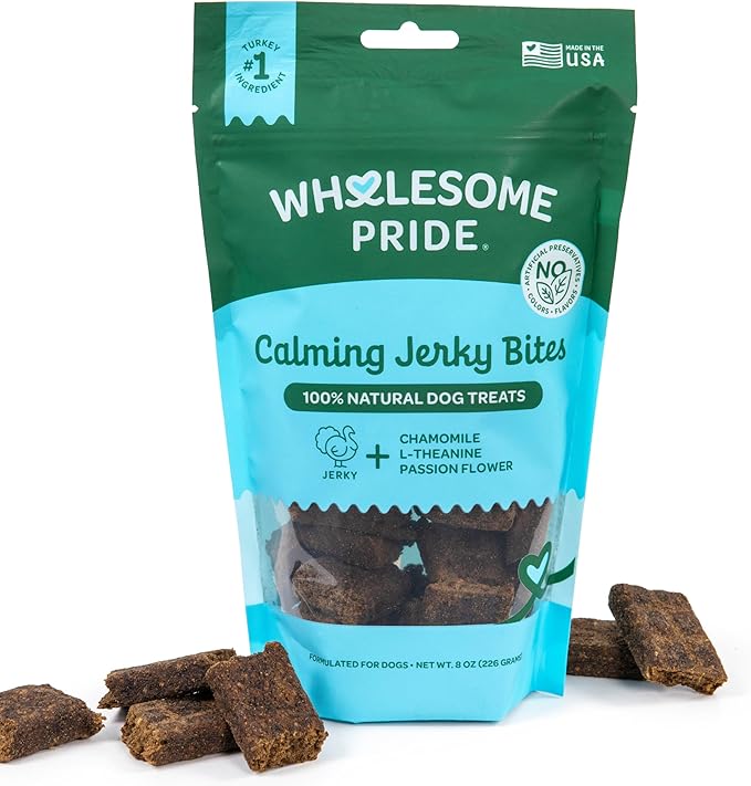 Wholesome Pride Functional Calming Support Turkey Jerky Bites, USA Made Calming Dog Treats - 8 oz