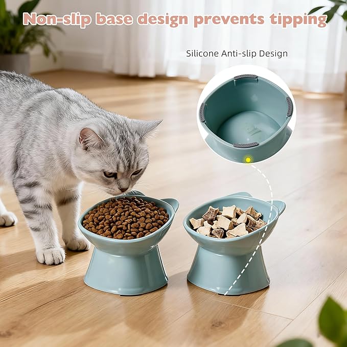 KSIA Klear Elevated Cat Bowls 2 Pack, Tilted Raised Cat Bowl for Food and Water, 4.72" Wide, Whisker Friendly Anti Vomit for Indoor Cats, Microwave and Dishwasher Safe, Blue