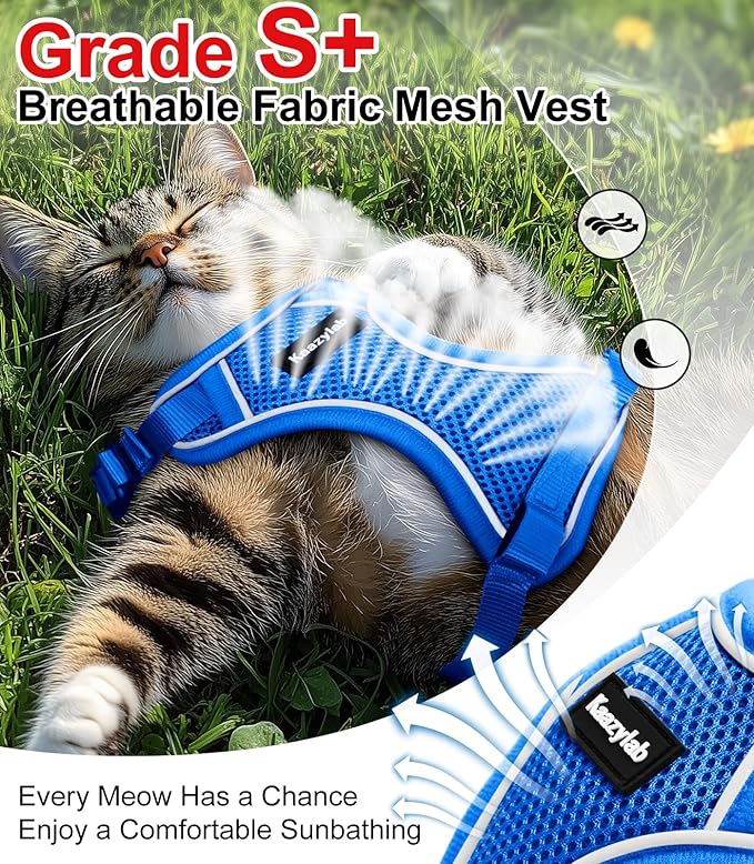 Cat Harness and Leash for Walking Escape Proof Soft Adjustable Cat Leash Breathable Comfortable Vest Easy to Wear Kitten Harness for Outdoor Travel (Blue, M (13-18lb))