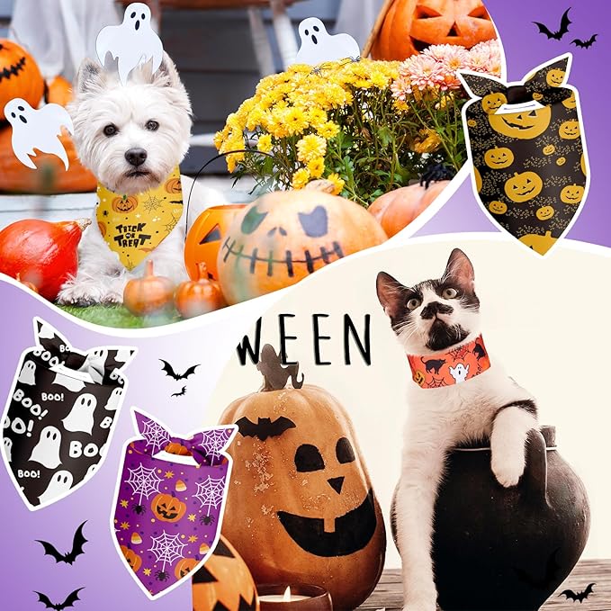 Shyyween 100 Pieces Halloween Dog Bandanas Bulk Pumpkin Ghost Bandanas for Dogs Soft Triangle Bibs Adjustable Triangle for Small Medium Large Pets Halloween Party Costume