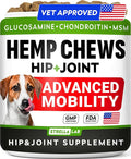 Hemp Chews for Dogs - Hip & Joint Supplement with Glucosamine - Joint Pain Relief Treats - Omega 3, Chondroitin, MSM - Advanced Mobility Support - Chicken Flavor - 120 Ct - Made in USA