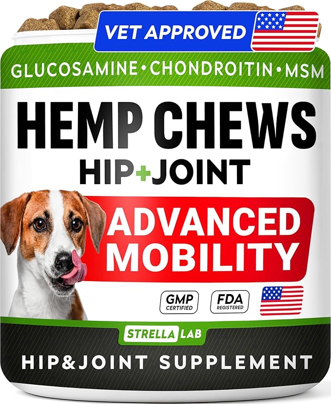 STRELLALAB Hemp Chews for Dogs - Hip & Joint Supplement with Glucosamine - Joint Pain Relief Treats - Omega 3, Chondroitin, MSM - Advanced Mobility Support - Bacon Flavor - 120 Ct - Made in USA