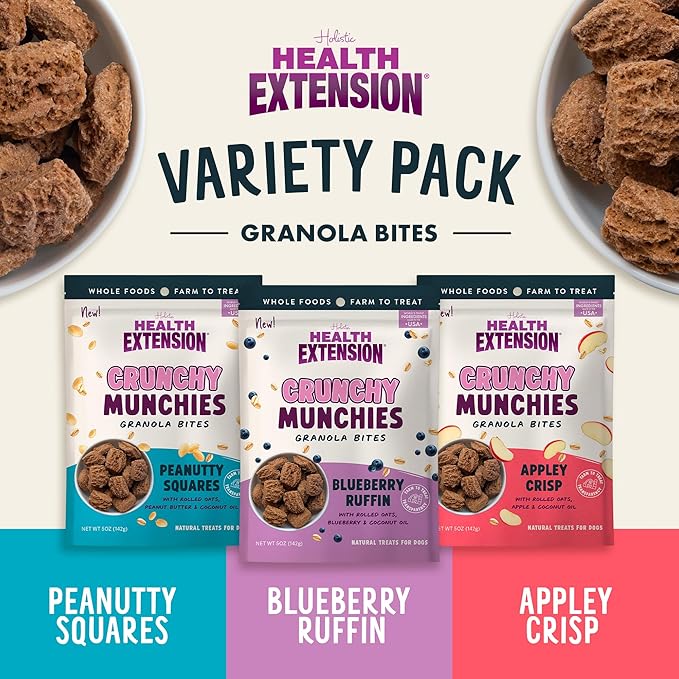 Health Extension Crunchy Munchies Granola Bites Variety Pack – 5oz (142g) Each – Blueberry Ruffin, Appley Crisp & Peanutty Squares Flavors – Natural Dog Treats with Rolled Oats & Coconut Oil
