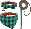 3PCS Bow Tie Dog Collar and Leash Set Plaid/Camo/Dots/Flower Dog Bandanas with Bell 3 Size Adjustable for Small Dogs Puppies and Cats (XS, Green Plaid)