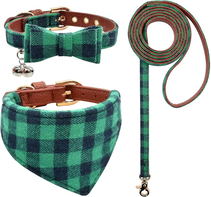 3PCS Bow Tie Dog Collar and Leash Set Plaid/Camo/Dots/Flower Dog Bandanas with Bell 3 Size Adjustable for Small Dogs Puppies and Cats (XS, Green Plaid)