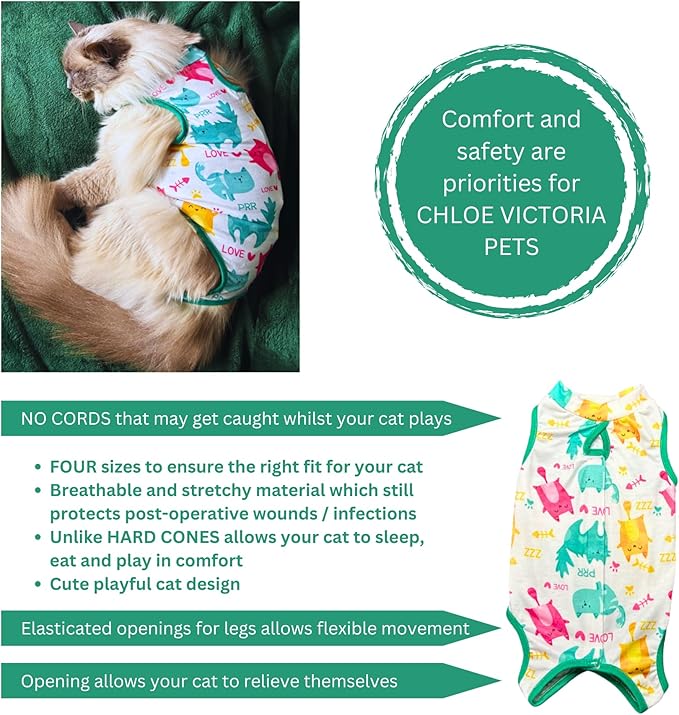 Cat Recovery Suit Surgical Onesie - Post Surgery - Soft Breathable Fabric - No-Cord Design - Protects Wounds and Skin After Spay or Neuter - Male and Female Cats | Large