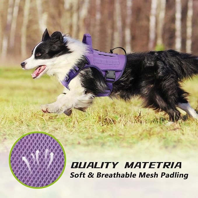 WINGOIN Purple Tactical Dog Harness for Large Dogs, Heavy Duty No Pull Dog Harness with Handle, Adjustable Reflective Military K9 Big Pet Vest for Husky, Doberman, Walking, Training, Hunting (XL)