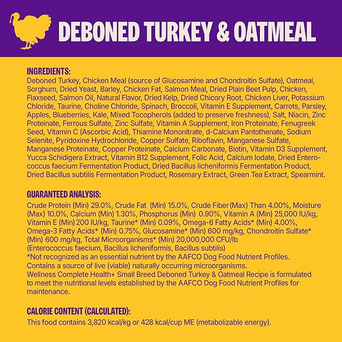 Wellness Complete Health+ Dry Dog Food, Adult Small Breed Turkey & Oatmeal Recipe with Freeze-Dried Wellbites (3.75 Pound Bag)
