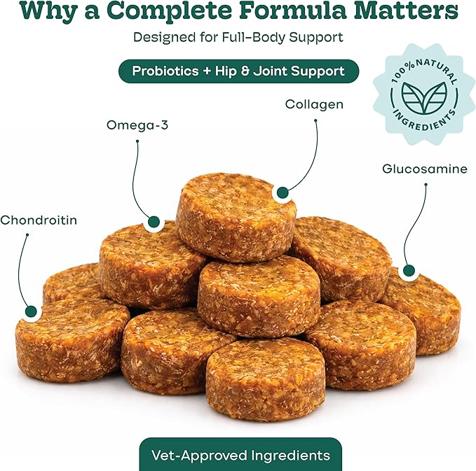 Probiotics for Dogs, Hip Joint Supplement for Dogs – Hip and Joint Plus Gut Health Chews, Glucosamine, Chondroitin, Omega 3, Collagen & Probiotics, Supports Digestion Joints and Hips, Immunity, Fur