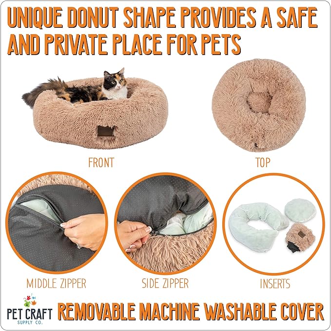 Pet Craft Supply Ultra Plush Calming Anti-Anxiety Pet Bed - Includes Super Soft Comfort Blanket - Great Medium Dog Bed Small Dog and Cat Bed;Cream
