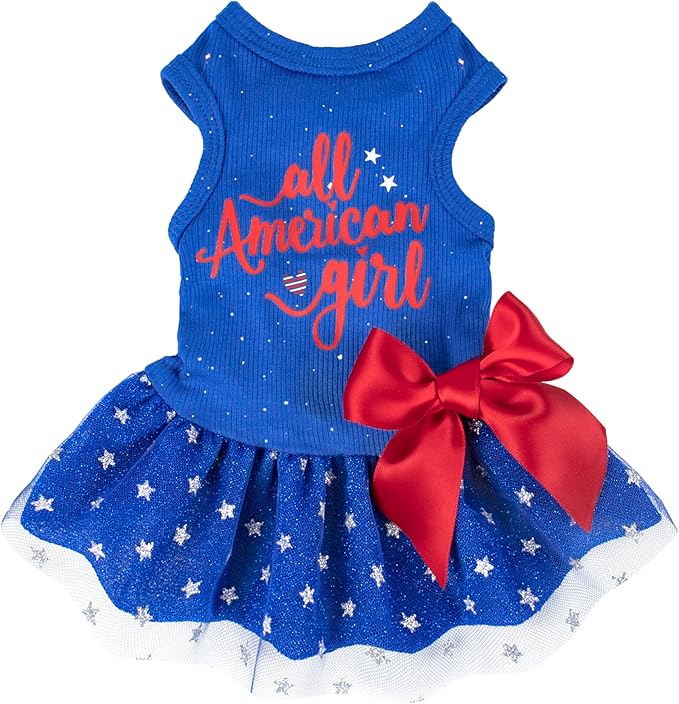 Fitwarm All American Girl Dog Dress - Patriotic Tulle Dress for Small Dogs, Royal Blue, Red, White, XXS