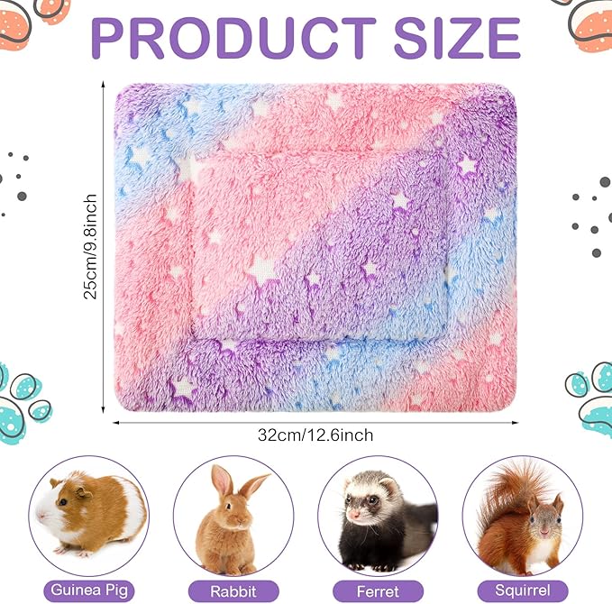 Haull 4 Pcs Waterproof Guinea Pig Bedding Guinea Pig Bed Plush Cage Liners Soft Rabbit Dog Crate Pad Cat Mat Reversible Cozy Animal Pee Pad Hamster Bunny Mat Accessory(Colorful Star,13 x 10 Inch)