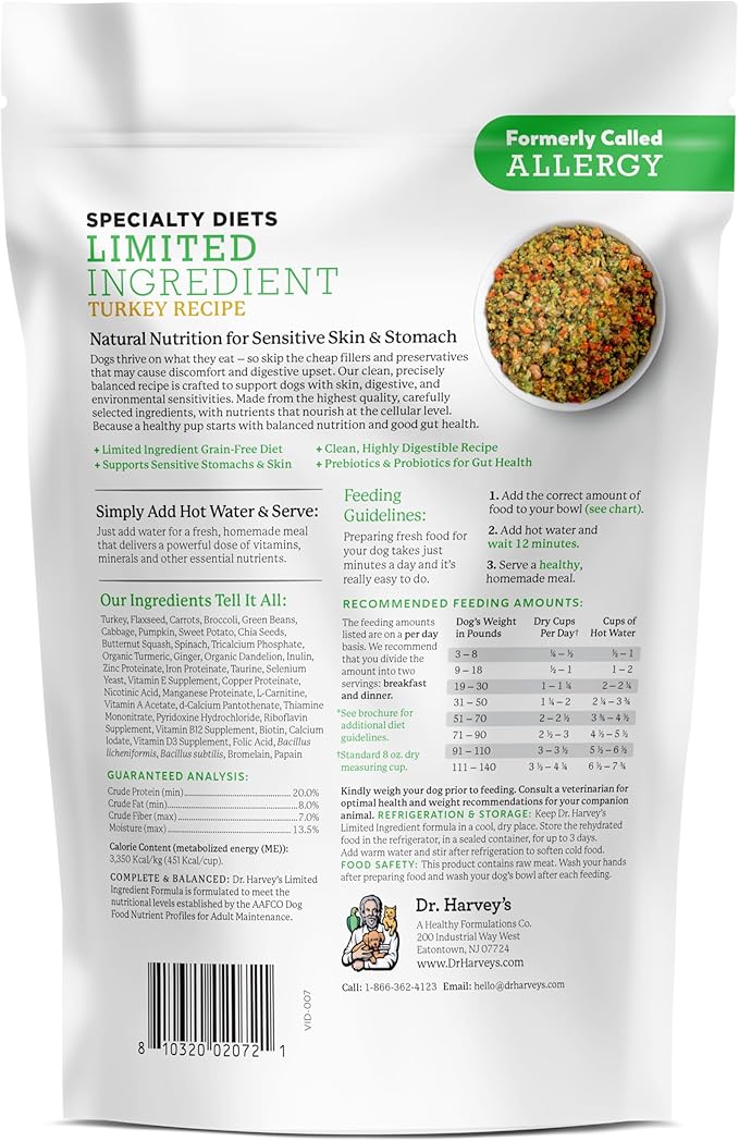 Dr. Harvey's Specialty Diet Limited Ingredient - Human Grade Dog Food for Dogs with Sensitivities - Turkey Recipe (Trial Size, 5.5 oz)