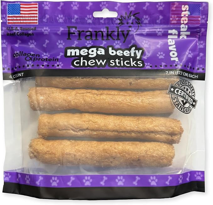 Frankly Original Pet - Steak Flavored Mega Beefy Chew Stick for Dogs - High Protein Collegen Packed - Made in The U.S.A. - 4 Count 7" Stick