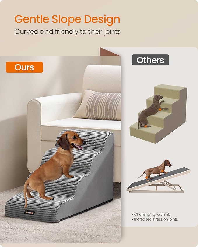 Feandrea 4-Step Dog Stairs, Dog Steps for Bed, Sofa, Waterproof Pet Stairs with Anti-Slip Designs, Gentle Slope, Removable Washable Cover, Handle, Dove Gray UPPS004G01