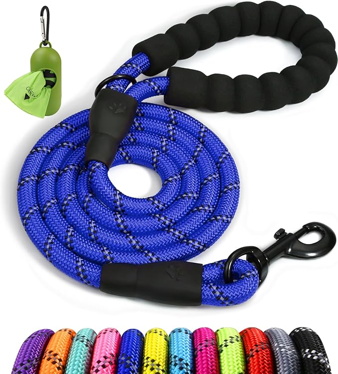 Taglory Rope Dog Leash 6 FT with Comfortable Padded Handle, Highly Reflective Threads Leash and Anti-Tangle Clip for Walking Medium Large Dogs, 1/2 inch, Navyblue