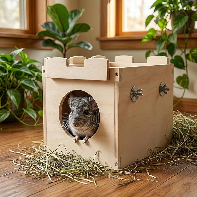 Castle Chinchilla House, Small Animal Hideout for Chinchilla, Guinea Pig, Hedgehog, or Rat, Ventilated Wooden Hamster Habitat with Multiple Doors, Made from Natural Wood