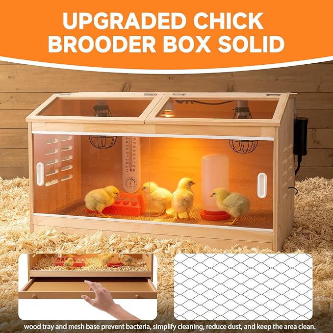 Large Drawers Brooder Box for Chicks Wooden Chicken Brooder Box, with 3 Heating Lamp,Smart Thermostat,Thermometer,Pre-Drilled Holes, 31.5 X 15.75 X 18.1 inches, Ducks, Quails, Hamsters
