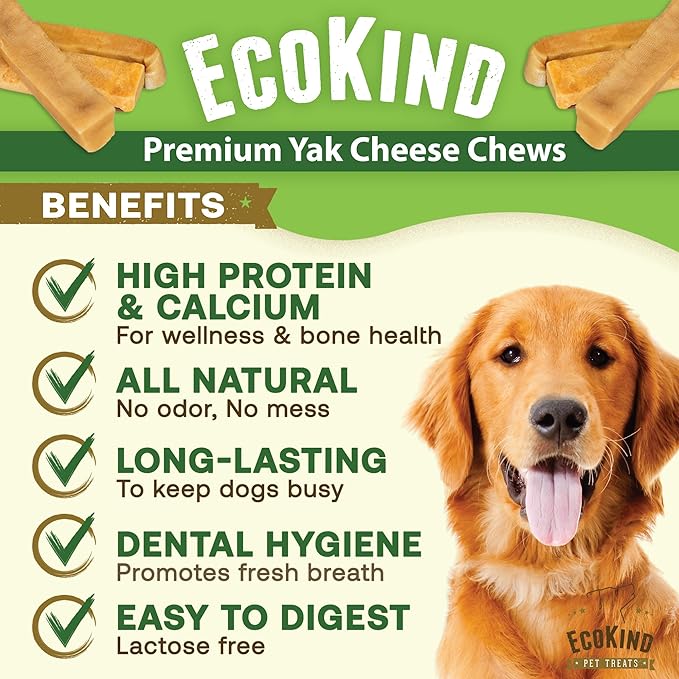 EcoKind Premium Gold Yak Cheese Himalayan Dog Chews, Healthy Dog Treats for All Dog Breeds & Sizes, All Natural, Long Lasting Dog Chew for Aggressive Chewers, High Protein Treat, Medium - 3 Chews