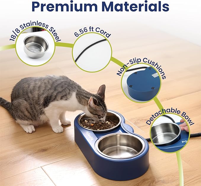 PawsPik Heated Water Bowl for Cats, 18/8 Stainless Steel Heated Pet Bowl, Outdoor Cat Bowl in Winter, Blue, 3 Cups