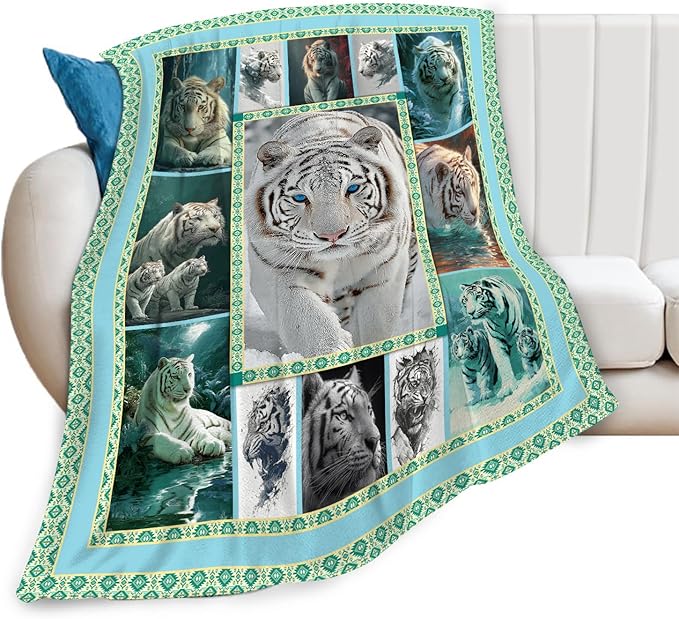White Tiger Throw Blanket White Tiger Stuff Gifts for Kids Girls Boys Adults Women Men Soft Cozy Warm Plush Fluffy Fuzzy Fleece Blanket Decor 40''X50''