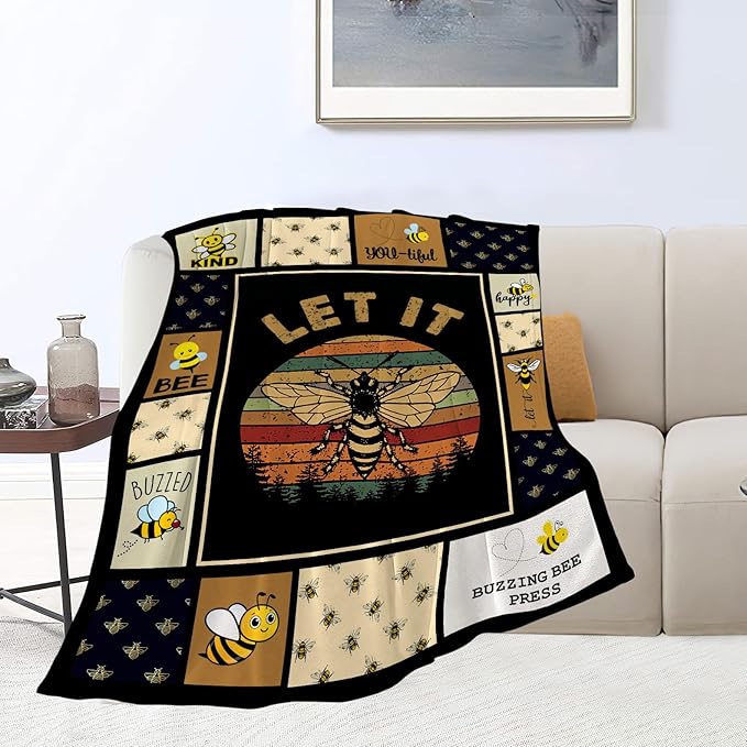 Bee Blanket Throw - Honey Bees Decor Cozy Fleece Flannel Soft Warm Plush Lightweight Gifts for Boys Girls Kids Teens Women Men - Couch Sofa Bed 60"X80"