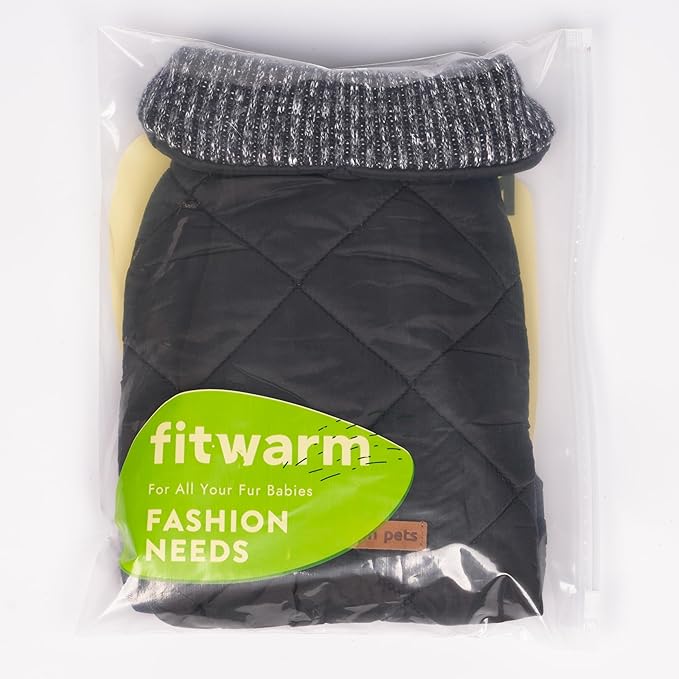 Fitwarm Reversible Quilted Dog Coat, Knitted Winter Clothes for Small Dogs Boy Girl, Windproof Thermal Pet Jacket, Black, Grey, XXL