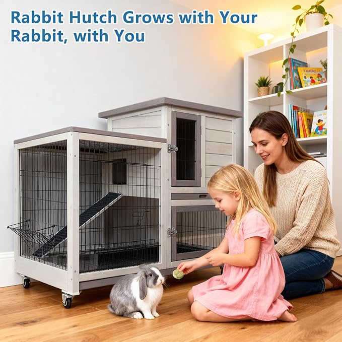 FunXplore 2-Tier Rabbit Hutch, Indoor & Outdoor Mobile Bunny Cage with Urine Guards, Weatherproof Asphalt Roof, 2 Pull Out Trays, Sturdy Small Animal Cage for Guinea Pig