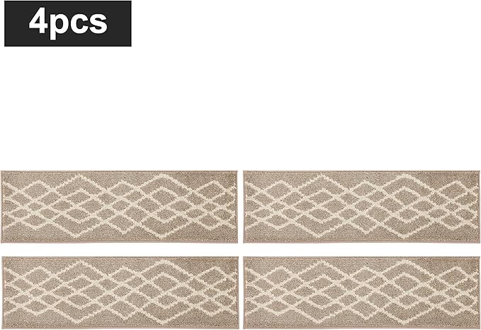 COSY HOMEER Soft Stair Treads Non-Slip Carpet Mat 28inX9in Indoor Stair Runners for Wooden Steps,Stair Rugs for Kids and Dogs, 100% Polyester TPE Backing 4pcs,Beige,Rhombus