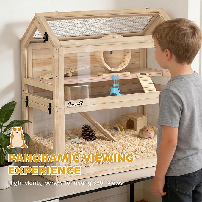 PawHut Wooden Hamster Cage, 3-Tier Small Animal Cage with Hut, Seesaw, Ramps, Exercise Wheel, Acrylic Panel and Bottom Tray, Dwarf Hamster Habitat for Small Geibil, Mice, 30" x 18" x 30"