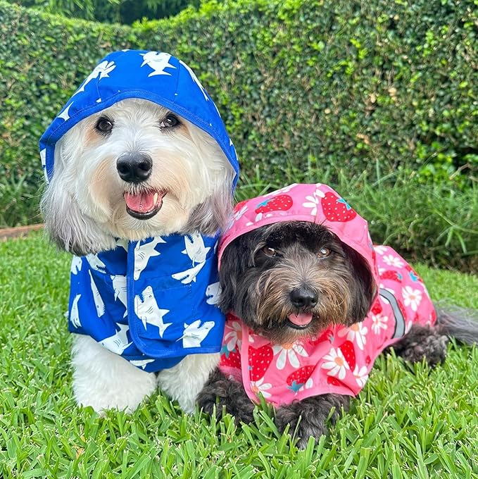 Fitwarm Strawberry Daisy Dog Raincoat with Hood, Waterproof Rain Jacket for Small Dogs Girl, Reflective Pet Poncho with Harness Opening, Packable, Adjustable, Pink, XXL