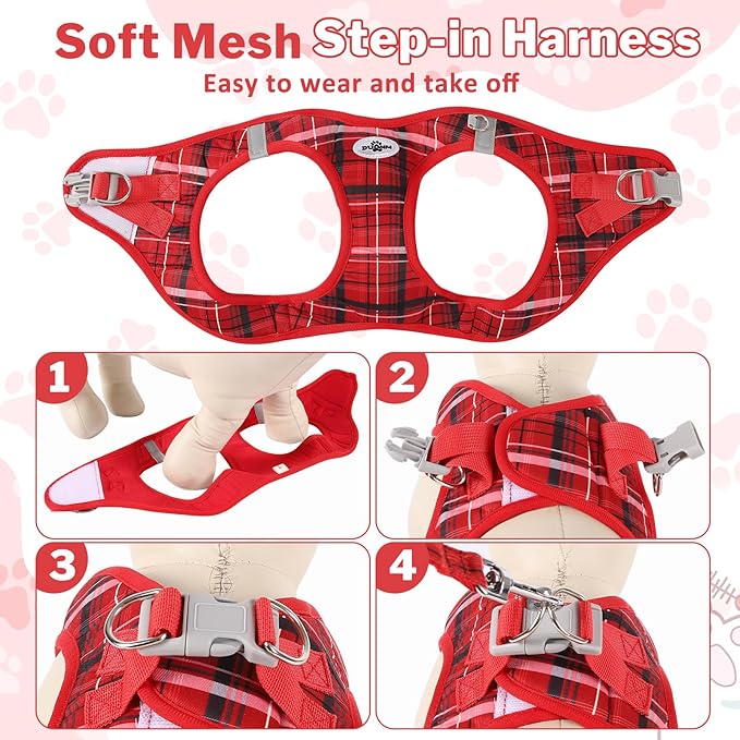 Gyuzh Dog Harness and Leash Set, 3-in-1 Step in No Pull Harness Vest Collar for Small Dogs & Cats, Lightweight Breathable Mesh Reflective Plaid with Padded Handle (Red, L)