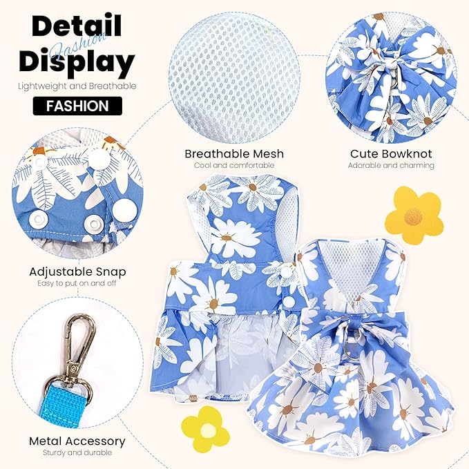 ABRRLO Cute Dog Dress Small Dog Clothes for Girls Female Puppy Outfits Blue Daisy Pet Summer Clothes Bowknot Doggy Cat Princess Dress Harness Set for Holiday Birthday Party Costume Clothing (Blue,XL)