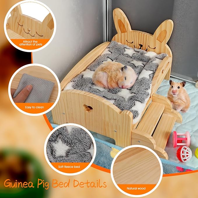BWOGUE Wooden Guinea Pig Bed with Stairs and Mat, Washable Soft Fleece Small Animal Bed Guinea Pig Platform Bed for Hamsters Dwarf Rabbits Chinchilla Squirrel Hedgehog Habitat