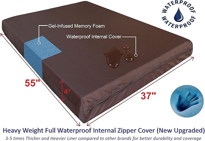 Dogbed4less Orthopedic Memory Foam Pet Bed for Large Dogs with Durable Black Canvas Cover, Waterproof Liner and Extra Brown Microsuede Antislip Duvet, Gel Cooling XXL 55X37X4 Pad