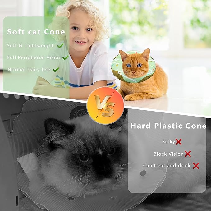 Seyezo Cat Cone Collar Soft, Adjustable Cat Recovery Collar Kitten Cones to Stop Licking, Cute Donut E Collar After Surgery, Cats Neck Pillow Cone Elizabethan Cones of Shame (Waterproof Green, Small)