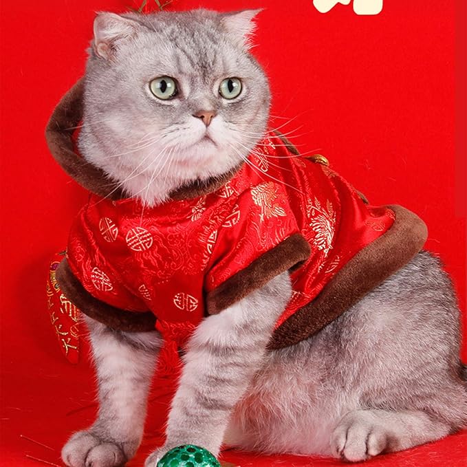SEIS New Year Cat Knot Buttons Coat Dogs Cheongsam Winter Pet Clothes Vest Christmas Costume for Cats Teddy Bichon Small Medium Dogs (Brown, S (Chest Circumference 45cm/ 17.7"))